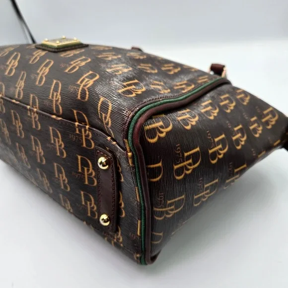 Dooney & Bourke Monogram Satchel Bag Brown Gold DB‎ Logo 1975 Leather Trim - Picture 7 of 11